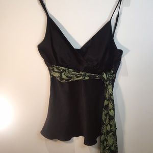 Bebe Silk Black Top with Green Floral Accent S